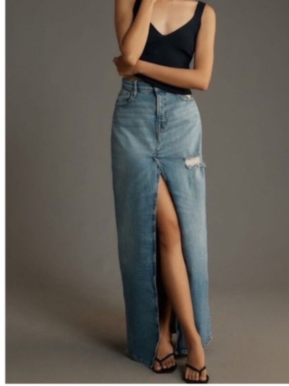 Good American Light‎ Blue Denim Maxi Skirt with Front Slit